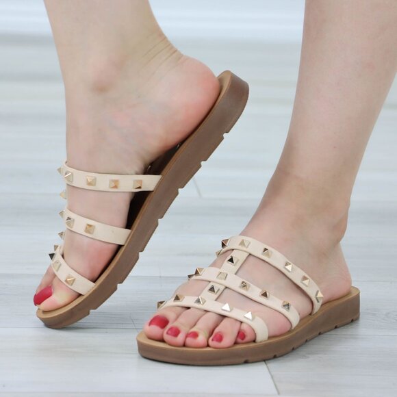 Nude Metal Stud Trendy Comfy Flat Gladiator Sandal Slip On Sliders - Picture 5 of 13